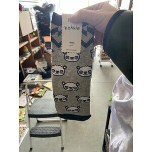 RARE Bokkie Youth Panda Bear Crew Socks Gray Black Chevron Limited Edition NWT